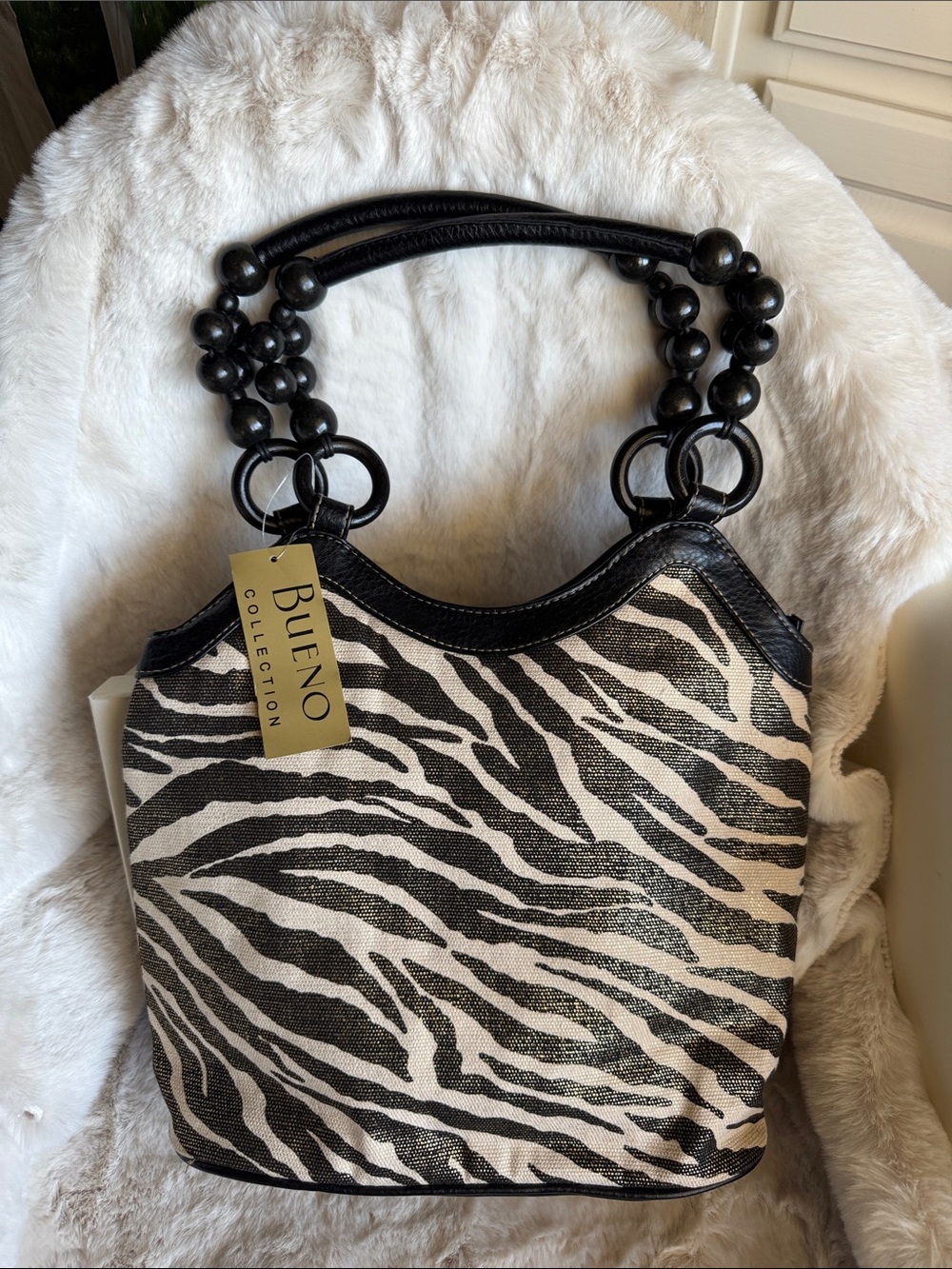 Bueno Black and White Zebra-Print Beaded Handle Tote
